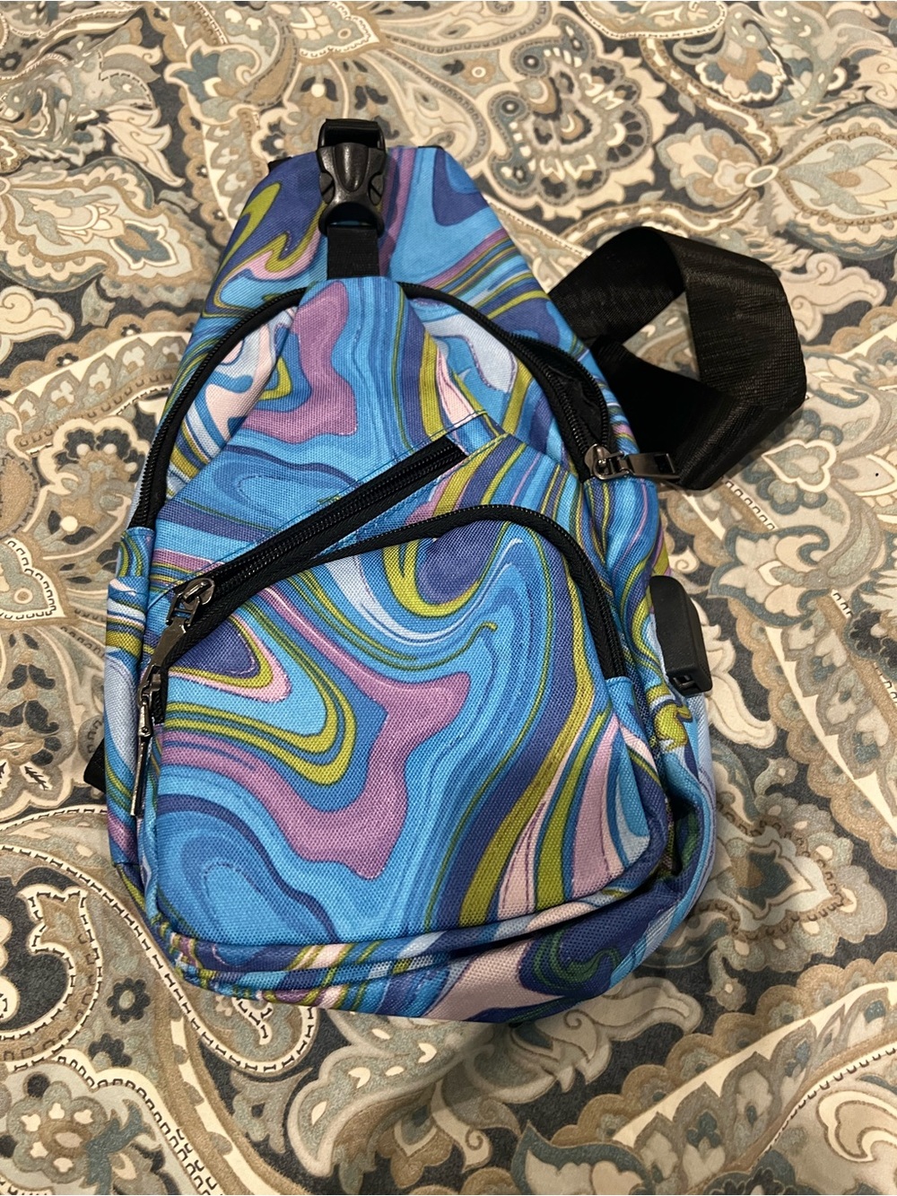 Blue Multi-Swirl Anti-Theft Sling Bag w/USB Charging